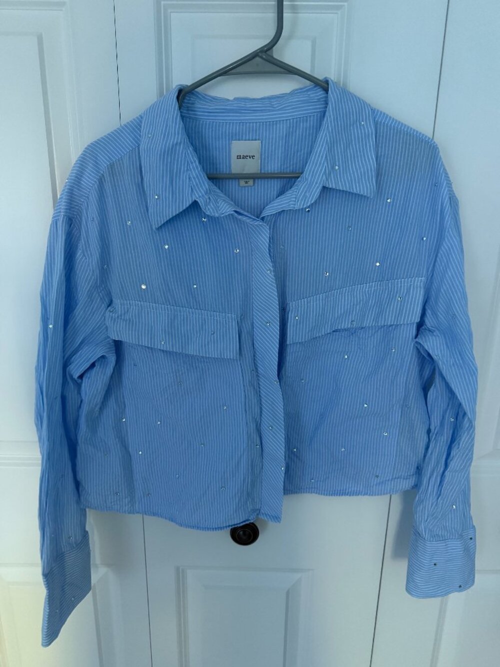 Anthropologie Maeve Striped Button Down Collared Shirt with Rhinestones - Large